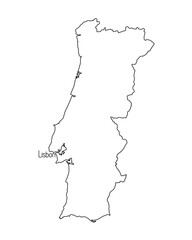 Portugal country map detailed accurate border line simple hand drawn outline vector illustration, blank template with Lisbon capital city for design, educational purposes