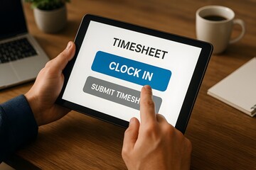 Close-up shot of a hand interacting with an electronic timesheet interface, indicating time management and task management