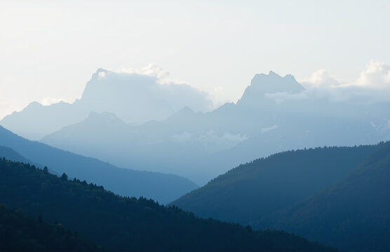 Misty mountain hills with silhouetted trees in warm dawn light. - Powered by Adobe