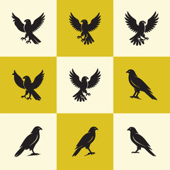 Set of nine vector bird illustrations in a minimalist style, ideal for icons, logos, patterns, and decorative graphic designs.
