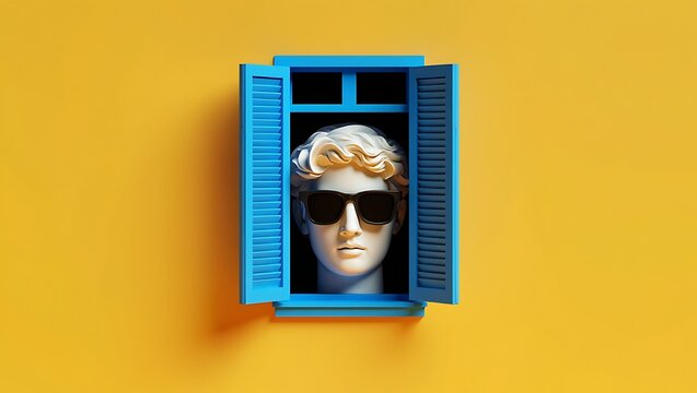 Summer Vibes A Classical Bust in Sunglasses Gazes from a Mediterranean Window