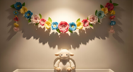 Dreamy Nursery With Floral Garland And A Plush Lamb Resting On Crib