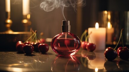 Luxurious cherry scent perfume bottle with elegant candlelight ambiance