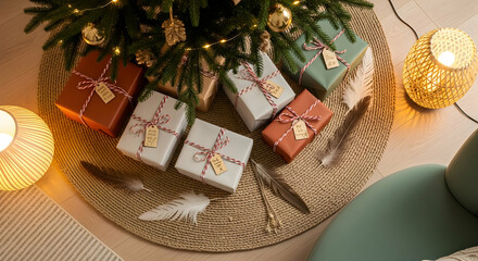 Elegant Christmas Presents Around a Decorated Christmas Tree Under Warm Ambient Lighting