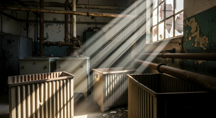 Industrial Light Rays Illuminating The Interior Of An Abandoned Building