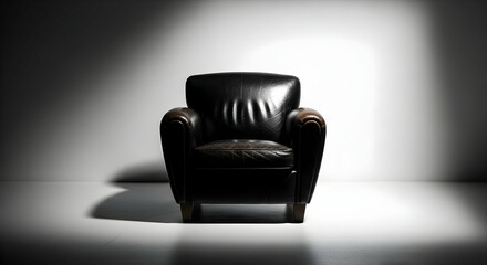 Vintage Leather Armchair Under Spot Light With Minimalist Background