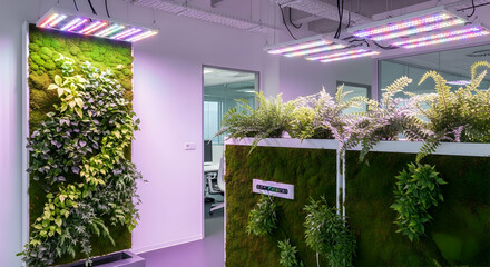 Biophilic Interior Design Integrating Living Walls and Grow Lights In Modern Office