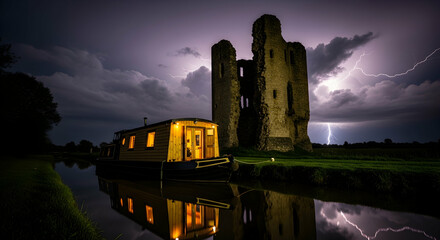 English Canal Boat Docks Near Medieval Ruins During a Summer Storm