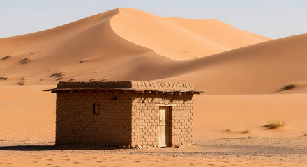 Solitary Adobe Structure Stands Against the Desert Dunes of a Hot Climate