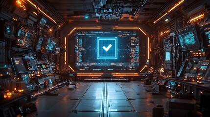 Futuristic digital screen displays progress bar in high tech control room