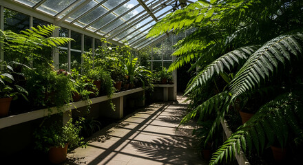 Lush Greenhouse Interior Filled With Verdant Ferns And Filtered Sunlight