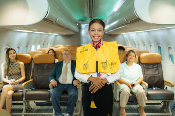Female cabin crew is perform the flight safety demonstration before departure.