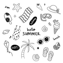 Beach summer doodle hand drawn set