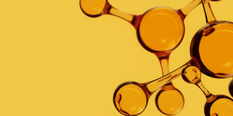 3d Abstract golden glass molecular structures. Cosmetic collagen serum, essence oil, vitamin, hyaluronic acid for skin care. Healthcare concept