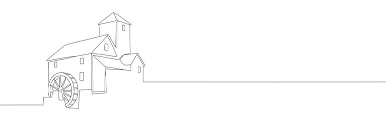 Mill continuous one line drawing. Water mill. © drawing lines