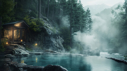 Mystical Forest Hot Springs Pool with Wooden Cabin and Misty Atmosphere