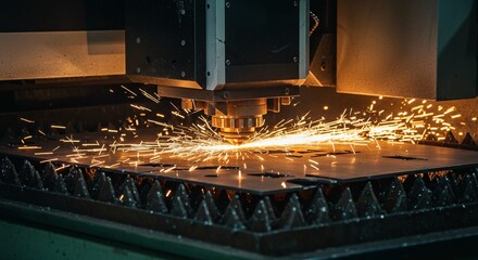 A laser cutter precisely cuts a sheet of metal, producing sparks, during an industrial process.
