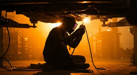 A skilled worker is welding a component underneath a vehicle with protective gear in a garage.
