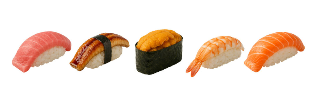 Assorted fresh sushi set featuring tuna nigiri, eel nigiri, sea urchin gunkan, shrimp nigiri, and salmon nigiri isolated on white background, Japanese cuisine delicacy for restaurant menu and food 