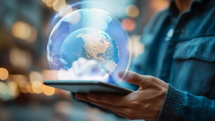 A person holds a tablet displaying a holographic globe, symbolizing the integration of technology and the digital world. The image captures innovation and global connectivity. - Powered by Adobe