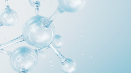 3d Abstract glossy glass molecular structures. Cosmetic collagen serum, moisturizer water, vitamin, hyaluronic acid for skin care. Healthcare concept