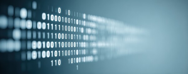 Marketing metrics engagement automation concept. Digital binary code abstract background with light effects.