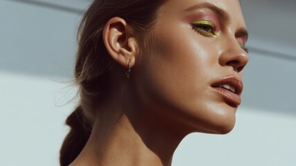 Young caucasian female with colorful eye makeup in sunlight