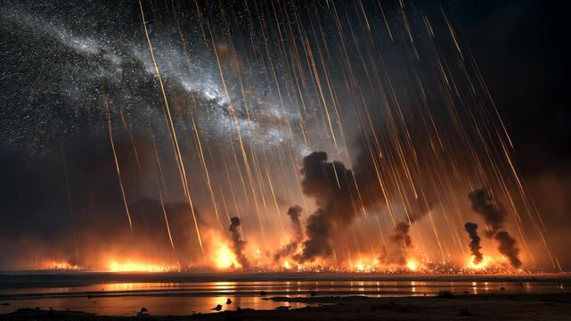 Meteor Shower, comet shower falling on ground and ocean, burning fire smoke flame under celestial starry night sky, end day concept 