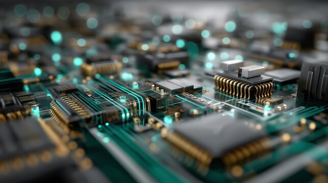 Circuit board details glow with layered textures and digital glow. AI generated