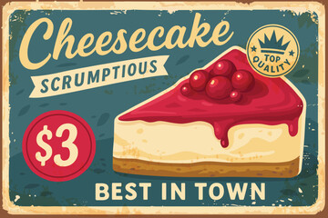 Cheesecake vintage sign – sweet desserts promotional poster for cake shop vector illustration