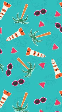 Looping vertical animation with summer icons&mdash;lighthouses, palm trees, sunglasses, watermelon slices&mdash;on a teal background. A fun and tropical vibe ideal for social reels or mobile stories.