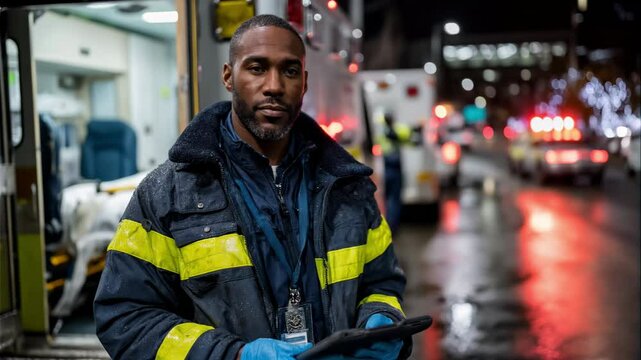 Portrait of an emergency medical worker standing at night in front of an open ambulance on a wet city street. Realistic lighting. Generative AI