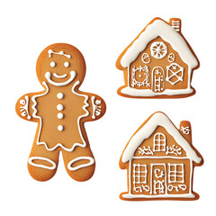 Christmas gingerbread man and house cookie with icing set, cutout isolated on transparent background. PNG 