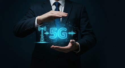 A person in a suit presents a glowing 5G symbol and antenna. The future of network technology.