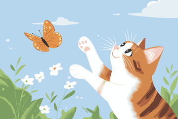 Fototapeta premium Cute cat reaching for a butterfly in a colorful garden