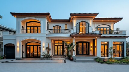 Obraz premium Luxury home facade at twilight