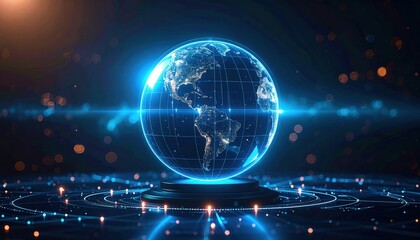 Fototapeta premium Global Network: A glowing digital representation of the Earth is showcased, representing the interconnectedness of our world in a technological and futuristic setting.