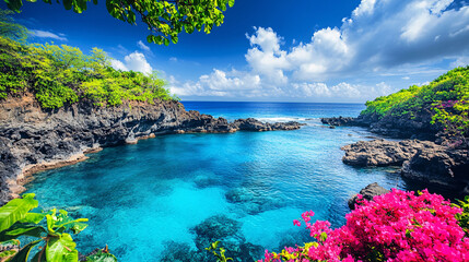 Stunning Tropical Cove Turquoise Water Lush Greenery Volcanic Rocks Sunny Sky