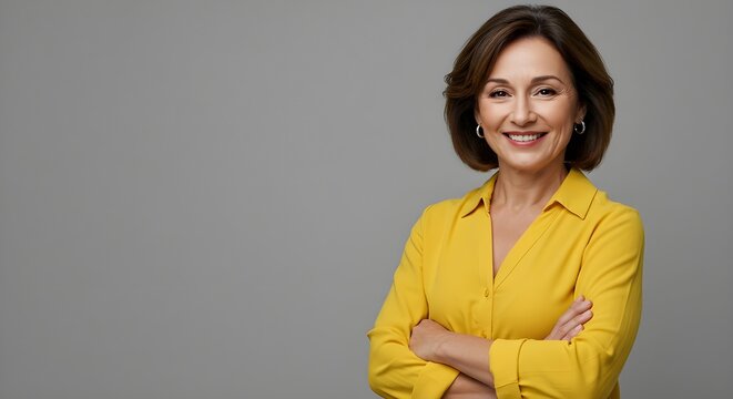 Mujer madura feliz sonriendo en una pared gris