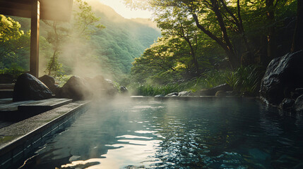 Serene Onsen Hot Spring Bath in Lush Green Japanese Forest at Sunrise