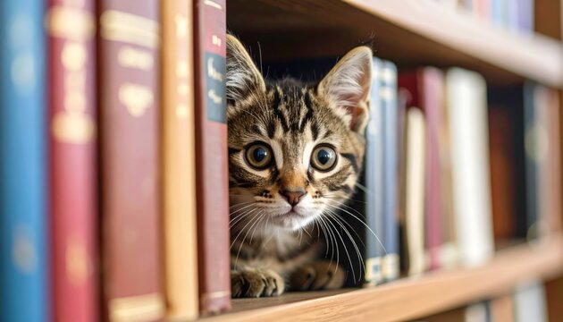 Curious Kitten in Bookshelf: An adorable tabby kitten peeks out from behind a stack of books on a wooden bookshelf, its big, curious eyes captivating the viewer.