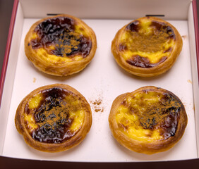 pastel de nata famous Portuguese custard pastry with flaky crust and caramelized burnt top with sprinkling of cinnamon on a plain white background (dessert sweet pastries pasteis from portugal)