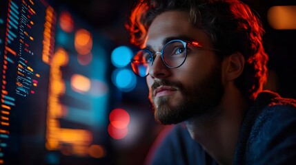 Focused programmer analyzing data on a computer screen with a concentrated expression.