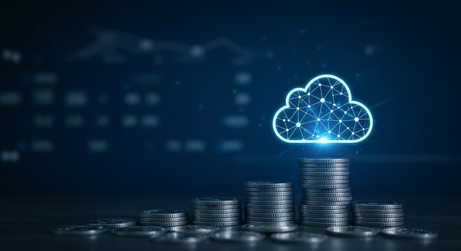 Stacks of coins rise beneath a glowing cloud symbol, representing growth and investment in technology.