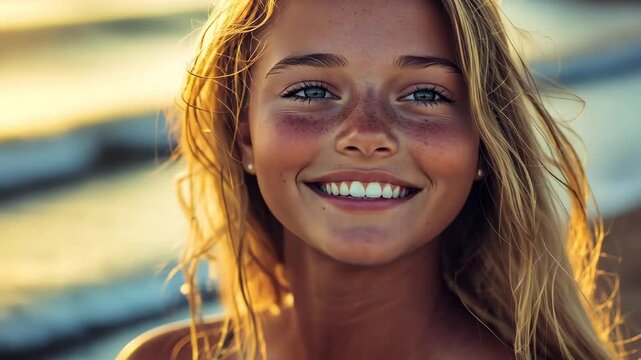 Smilling tanned girl on a beach background