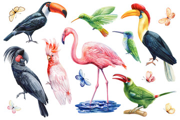 Watercolor tropical birds set. Flamingo, toucan, cockatoo, hornbill, hummingbird, parrot, butterflies exotic animals illustration