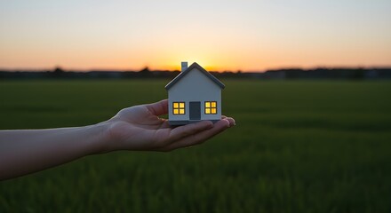Concepto de compra o construcci&oacute;n de una casa nueva. Mano masculina mostrando la casa de sus sue&ntilde;os en un terreno vac&iacute;o con espacio para copiar.