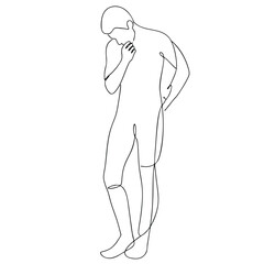 Thoughtfulness: man in theatrical emotional pose drawn with single continuous black line — minimalism and depth of expression.