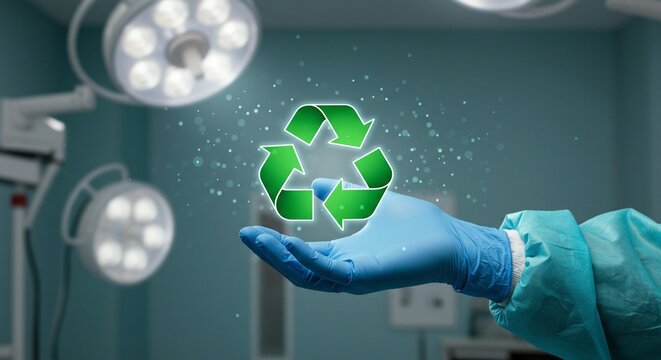 Green recycling symbol floating above a gloved hand in an operating room represents eco-friendly practices.