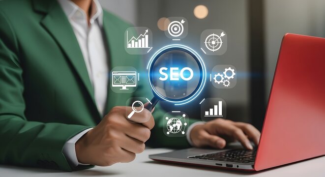 Digital SEO Strategy: A businessperson is deeply engrossed in digital marketing, examining the search engine optimization (SEO) strategies through the lens of technology, data and business.